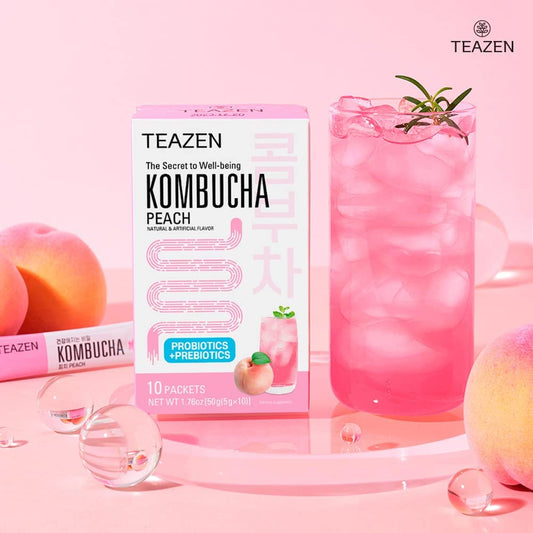 Teazen Kombucha Peach Flavor 2 Pack With Classic Eco Bottle (Kombucha Powder 20 Sticks, Eco Bottle 1Ea X 11.8Oz)