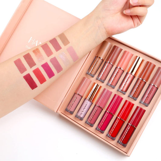 12 Colors Book Style Velvet Matte Liquid Lipstick Christmas Gift Set Long-Lasting Non-Stick Cup Not Fade Shimmer Nude Lip Gloss Thanks For The Love Lip Set (Set B)