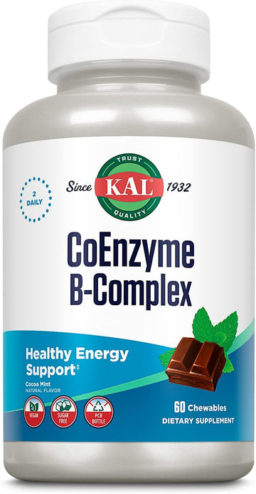 KAL CoEnzyme Vitamin B Complex, Chewable B Vitamins for Healthy Energy, Red Blood Cell and Nerve Function Support w/Vitamin B12, B6, Folic Acid, Natural Cocoa Mint, Vegan, Sugar Free, 30 Serv, 60ct