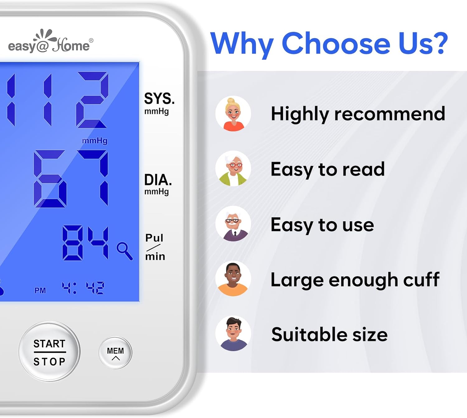 Blood Pressure Monitor for Home Use: Easy@Home Upper Arm Large Cuff BP Machine - Automatic Digital with 3-Color Backlit Hypertension Display and Pulse Meter Irregular Heartbeat Indicator EBP-095L : Health & Household