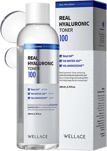 Wellage Real Hyaluronic Toner 100 - Korean Toner With 93% Hyaluronic Acid Water - Hydrating Toner - Deep, Quick Absorption - Hypoallergenic, Skin Irritation-Free, 6.76 Fl.Oz