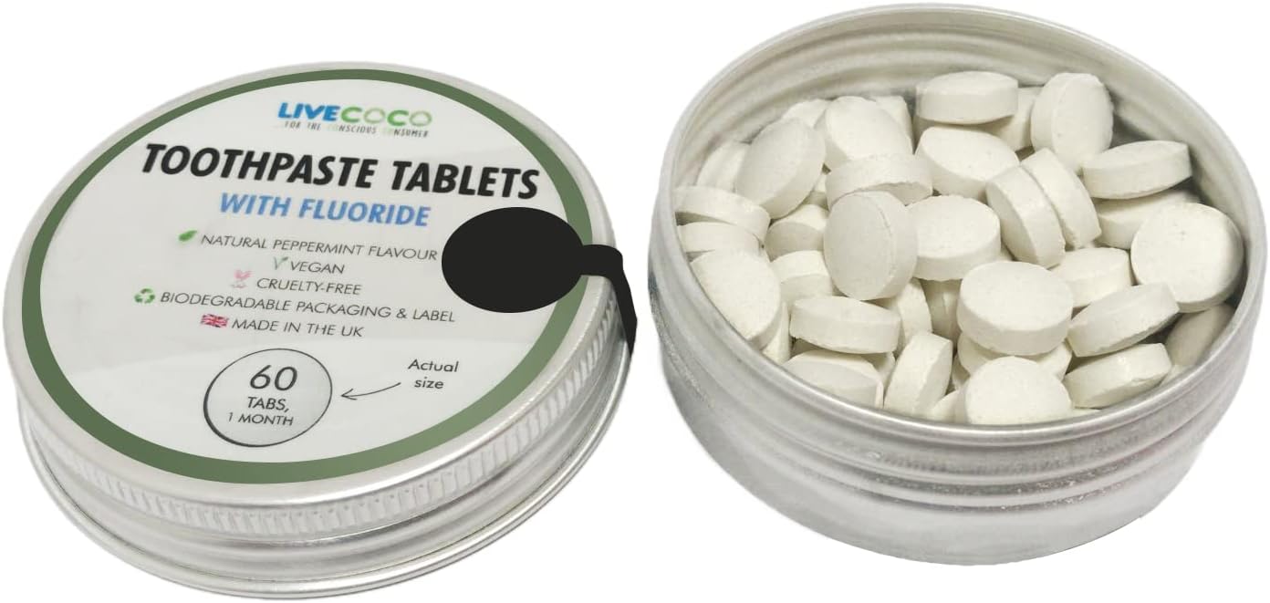 Livecoco Toothpaste Tablets With Fluoride, Teeth Whitening Tabs For Clean Teeth And Fresh Breath, Vegan And Travel Friendly, Peppermint Flavour, 60 Tabs