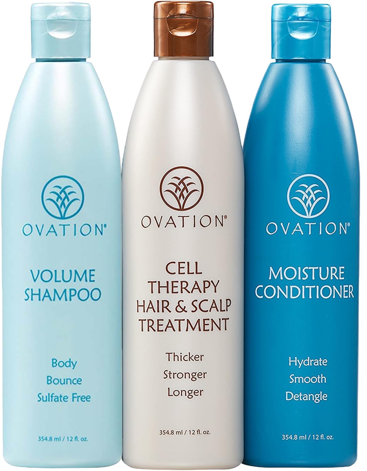 Ovation Hair 3-Step Bundle For Fine, Dry Hair - With Volume Shampoo, Cell Therapy Hair Growth & Healthy Scalp Treatment, Moisture Conditioner - Add Volume, Fullness, Hydration, Balance & Shine