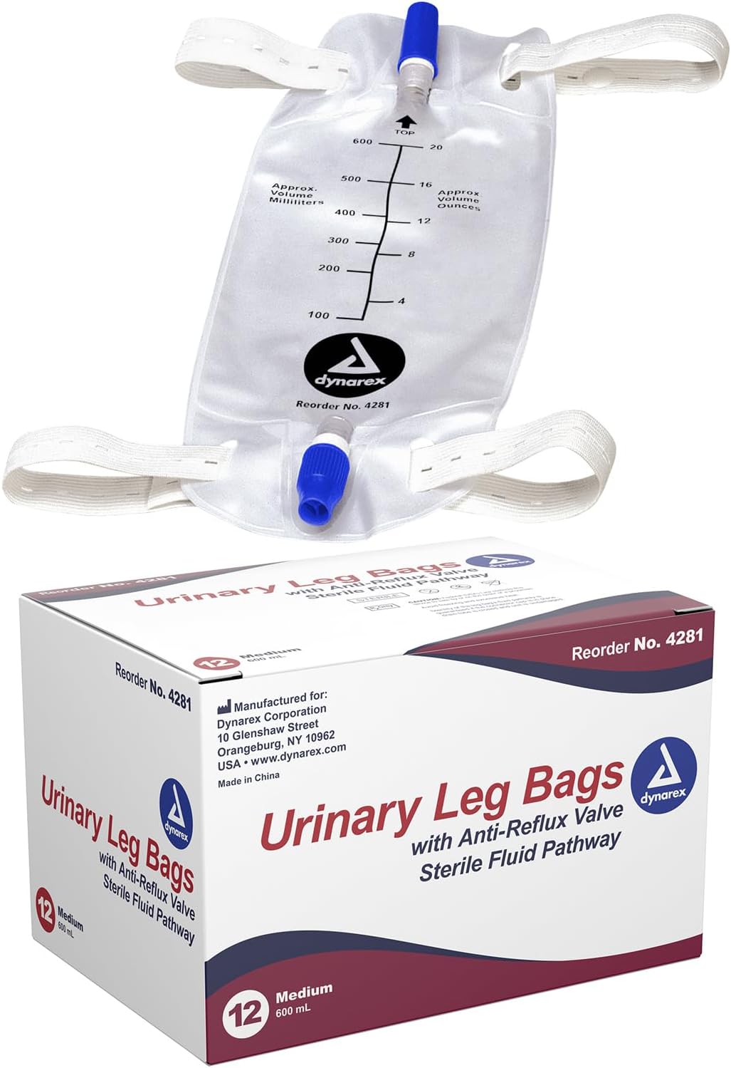 Dynarex Urinary Leg Bag, For Use With Catheter, Has A Non-Drip Closure & Anti-Reflux Valve, 600 Ml/20 Oz Capacity, Medium, White, 1 Box Of 12 Leg Bags