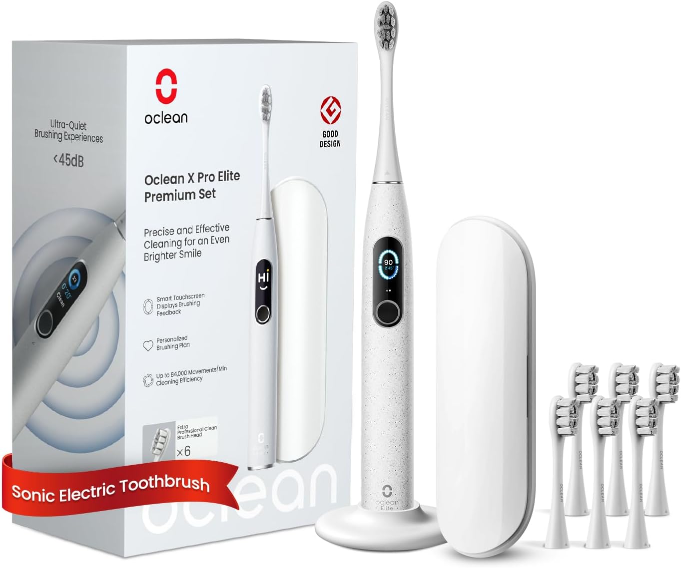 Oclean X Pro Elite Premium Set (Toothbrush+6 Brush Heads+Travel Case), Smart Mute Sonic Electric Toothbrush, 4 Whitening Modes, Quick Charge For 35 Days, Ipx7 – Grey