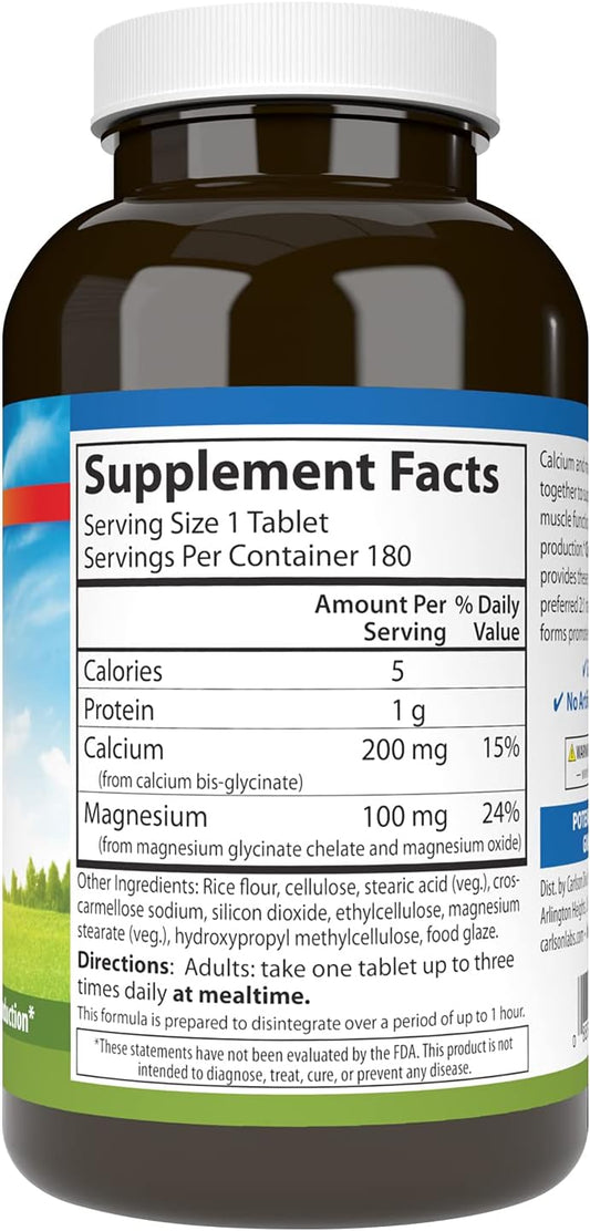 Carlson - Chelated Cal-Mag, 2:1 Calcium to Magnesium Ratio, Bone Support, Muscle Function & Energy Production, 180 Tablets