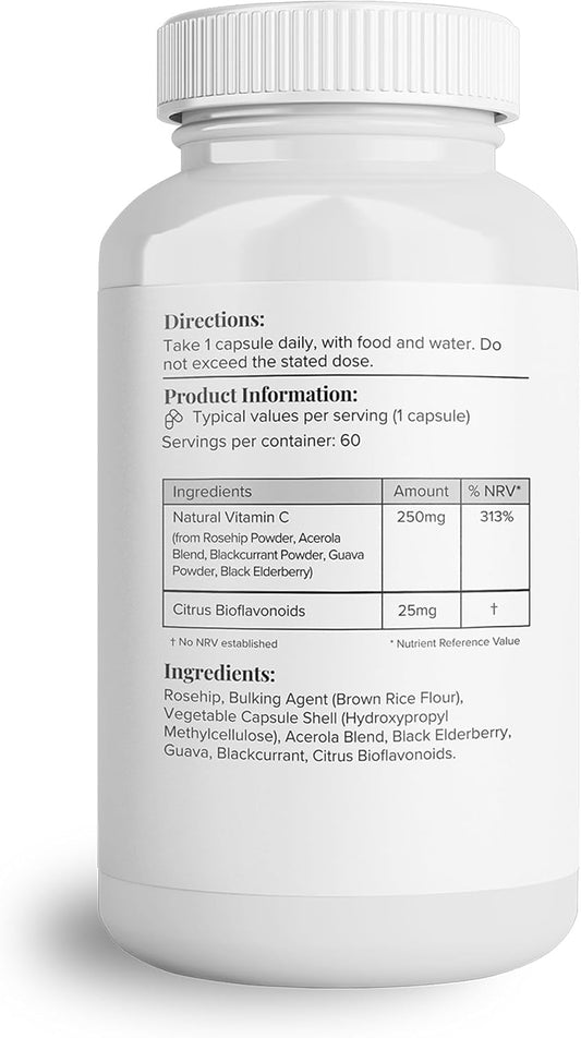Hey Nutrition Natural Vitamin C 250Mg Complex From Rosehip, Acerola, Blackcurrant, Guava, And Elderberry - Immune Function, Stress, Metabolic Health, & Fatigue - Non-Gmo, 60 Vegan Capsules