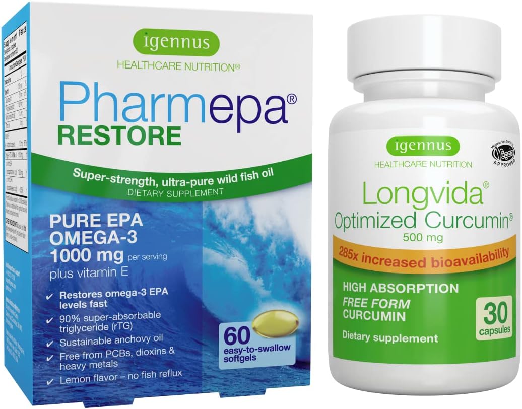 Pharmepa Restore & Longvida Lipidated Curcumin 500Mg Bundle, 1000Mg Pure Epa Omega-3 Fish Oil & Ultra Bioavailable Curcumin, By Igennus