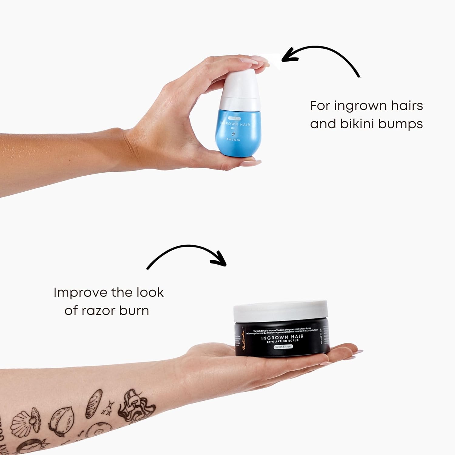 Bushbalm Ingrown Hair And Razor Bumps Minimizer 2-Step Routine - Includes Nude Ingrown Hair Oil (30 Ml) And Sweet Escape Exfoliating Scrub (236 Ml) : Beauty & Personal Care