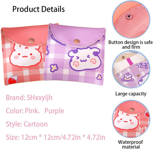 Cute Sanitary Napkin Storage Bag,Reusable Menstrual Pads Storage Organizers Pouch Kit,Pink Rabbit Small Storage Bag,Purple Menarche Bag,Portable Set,For Teen Girls,Women(2 PCS)