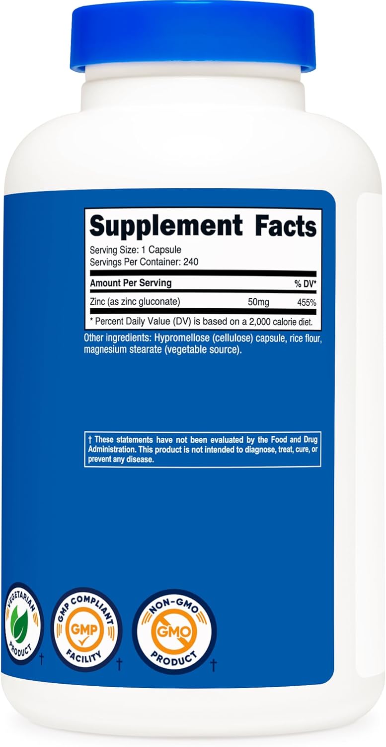 Nutricost Zinc Gluconate 240 Vegetarian Capsules (50mg) - Gluten Free and Non-GMO : Health & Household