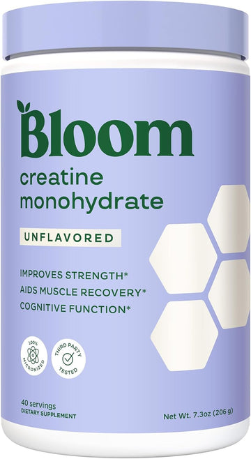 Bloom Nutrition Creatine Monohydrate Powder, 5G Micronized Creatine Per Serving, Supports Muscle Recovery, Strength, Endurance, Pre Or Post Workout, Gluten Free, Non Gmo, Unflavored, 40 Svg, 7.3 Oz
