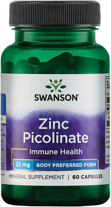 Swanson Zinc Picolinate - Mineral Supplement Promoting Prostate Health, Vision Health, & Immune Support - Body Preferred Form Of Chelated Zinc - (60 Capsules, 22Mg Each)