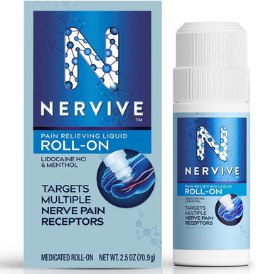 Nervive Nerve Care, Pain Relieving Roll On Liquid, Max Strength No-Mess Topical Pain Reliever With Lidocaine And Menthol For Toes, Feet, Fingers, Hands, Legs & Arms, 2.5Oz