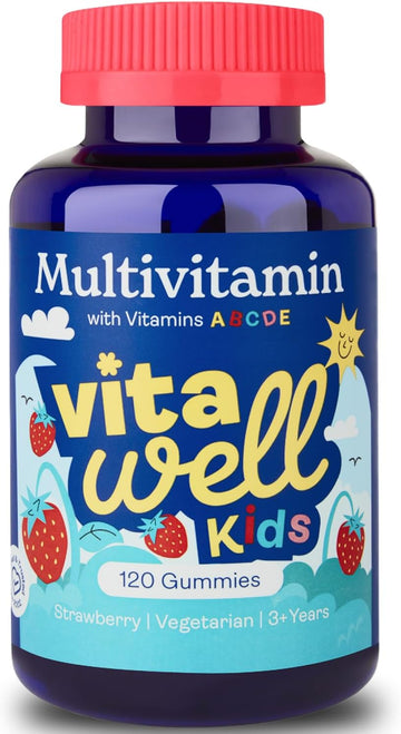 Vitawell Kids Multivitamin Gummies - 120 Natural Strawberry Flavour (4 Month Supply) | Chewable Kids Multivitamin Chews | Vitamin D3, A, E, C, B6, B12 | No Artificial Colours, Flavours, Preservatives