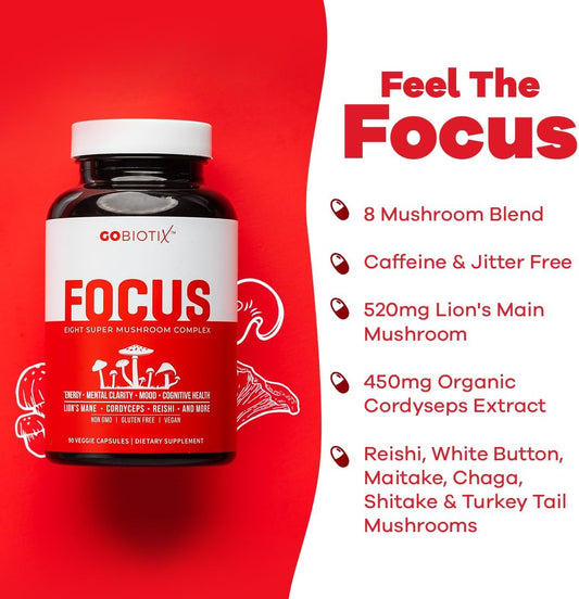 Gobiotix Focus Supplement Mushroom Complex - Nootropics Adaptogen Vitamins - Memory, Clarity, Energy, Immune Support, Lions Mane, Cordyceps, Reishi, Chaga, And Maitake - 90 Capsules