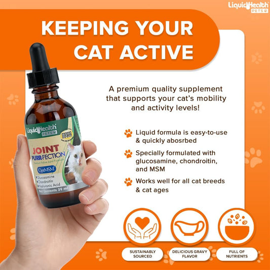 LIQUIDHEALTH 2.3 Oz Liquid Cat Glucosamine Joint Purr-Fection - Hip and Joint Support, Chondroitin Feline Droppers - Senior Older Cats, Kittens