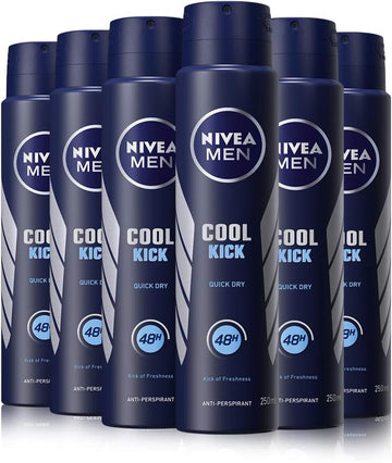 Nivea Men Cool Kick Anti-Perspirant Spray Pack Of 6 (6 X 250Ml), Fresh 48H Protection, Cool-Care Aerosol For Men