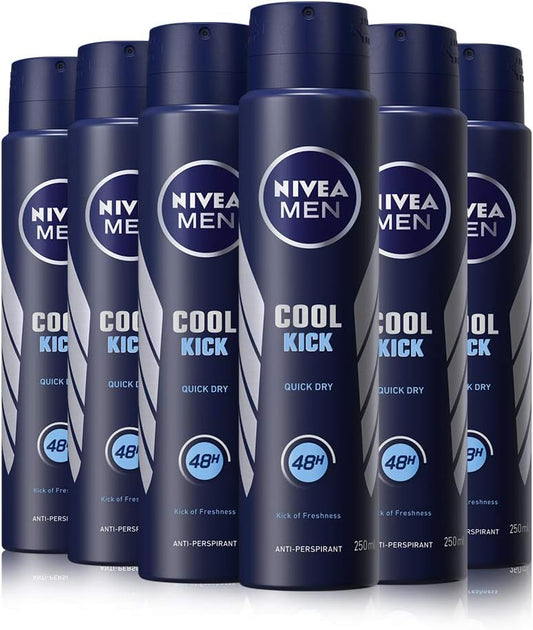 Nivea Men Cool Kick Anti-Perspirant Spray Pack Of 6 (6 X 250Ml), Fresh 48H Protection, Cool-Care Aerosol For Men
