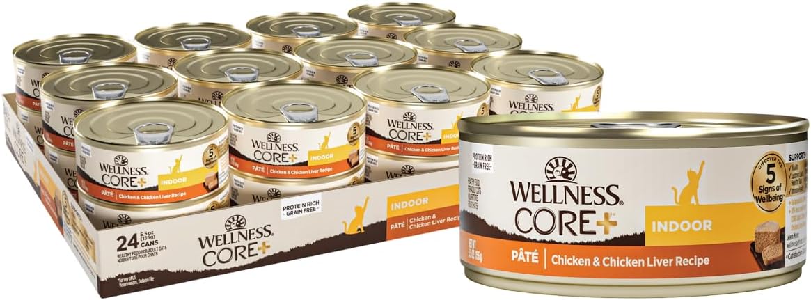 Wellness Core+ Grain-Free Wet Cat Food, Natural Canned Food For Cats, Made With Real Meat (Indoor, Chicken, 5.5 Oz Cans, Pack Of 24)