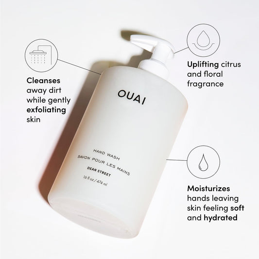 OUAI Hand Wash - Moisturizing Hand Soap with Jojoba, Avocado, & Rose Hip Oil for Replenished Skin - Gentle Exfoliating Bathroom + Kitchen Hand Soap (16 Fl Oz)