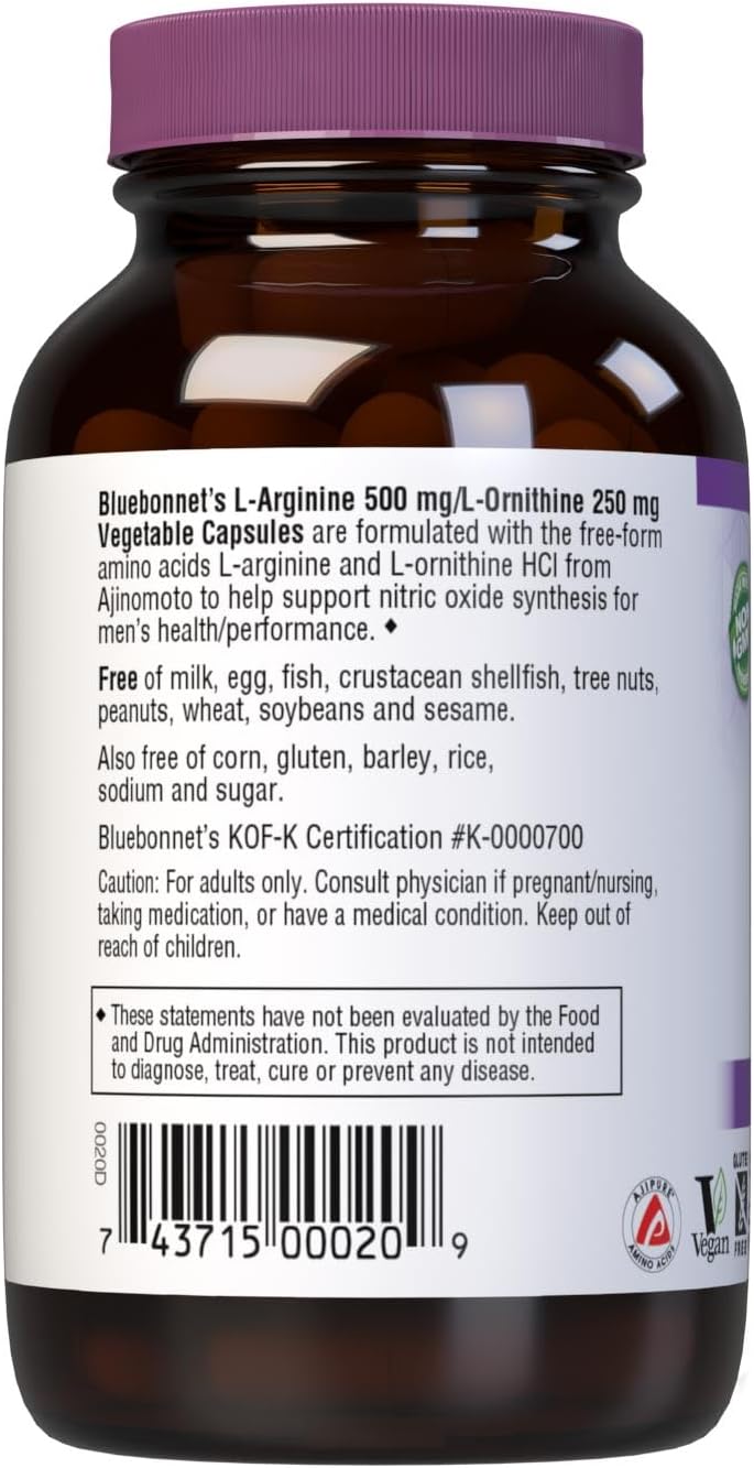 Bluebonnet Nutrition L-Arginine 500Mg/L-Orinithine 250Mg, Supports Protein Metabolism*, Soy-Free, Gluten-Free, Non-Gmo, Kosher Certified, Vegan, 50 Vegetable Capsules, 50 Servings : Health & Household