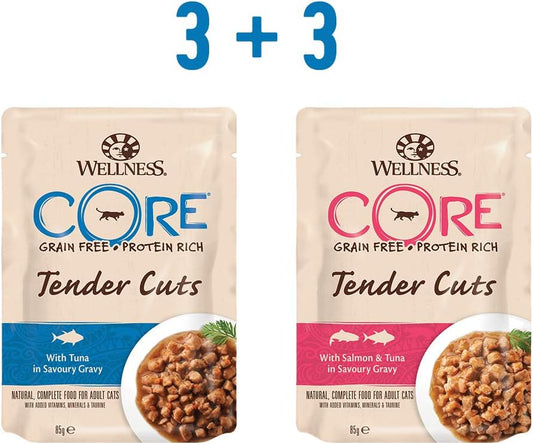 Wellness CORE Tender Cuts, Wet Cat Food, Cat Food Wet with Tender Pieces in Sauce, Grain Free, High Meat Content, Tuna Selection Mix, 6 x 85 g?10668