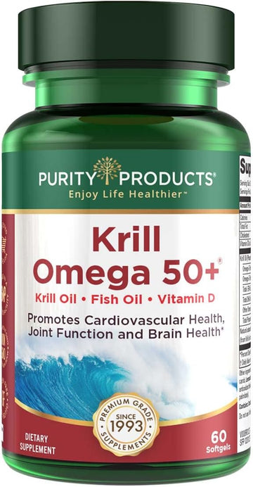 Purity Products Krill Omega 50 (Krill + Fish Oil Blend 1000mg + Astaxanthin 500mcg + Phospholipids 200mg + Vitamin D 500 IU) - 60 Mini Softgels