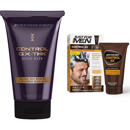 Just for Men Control GX + THK Grey Reducing and Thickening Beard Wash, 4 oz (Pack of 1) + Just For Men Control GX Grey Reducing 2-in-1 Shampoo and Conditioner, 4 Fl Oz (Pack of 1) : Beauty & Personal Care