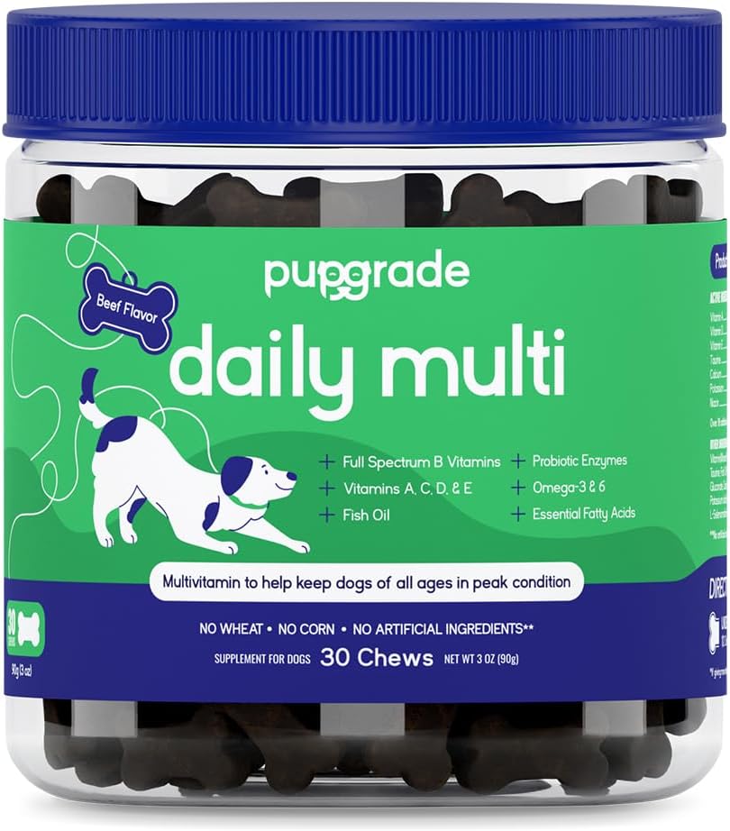 Pupgrade Daily Multivitamin For Dogs - All-In-One Supplement For Digestive, Immune, Skin And Coat Health - 32 Healthy Nutrients, Probiotic Enzymes, Omega Fish Oil, Vitamins A, C, D & E - 30 Soft Chews