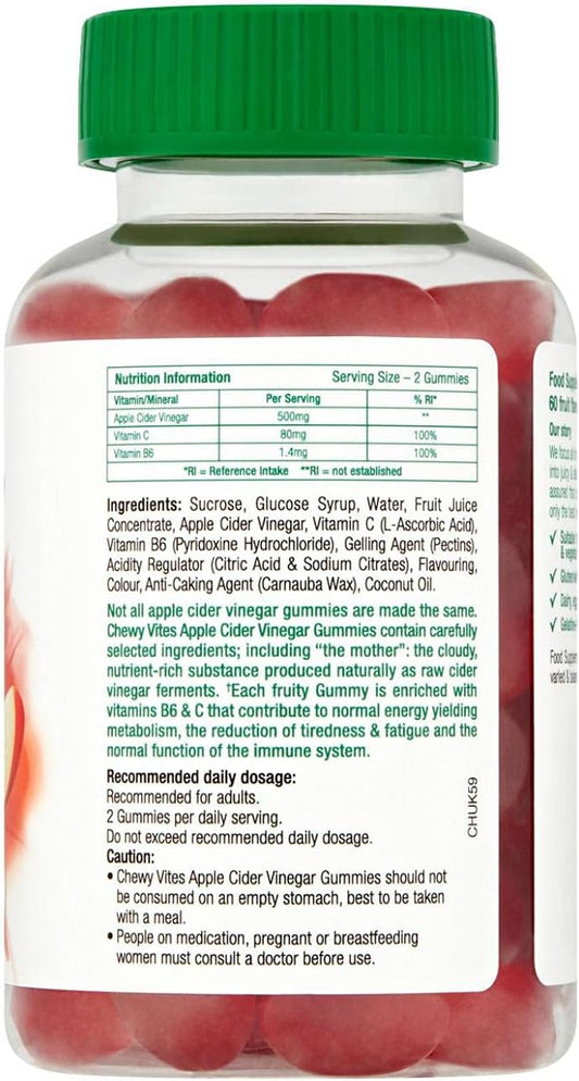 Chewy Vites Superfoods Apple Cider Vinegar Gummies, 60 Vitamin Gummies, 500 Mg Apple Cider Vinegar, Vitamin C, Real Fruit Juice, 1 Month Supply, Vegan, Delicious Flavour