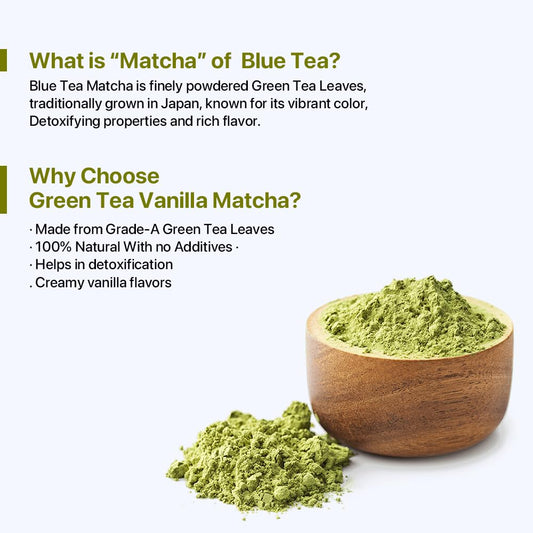 Blue Tea - Vanilla Japanese Matcha Green Tea Powder (1.76 Oz) || Powerful Antioxidant || Ceremonial Grade - Natural Ingredients - Vanilla Delicate Infusion - Vegan - Non-Gmo| Tin Packaging