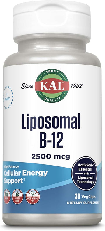 Kal Liposomal Vitamin B12 2500 Mcg, High Absorption, Liposomal Technology, Cellular Energy Support, Vegan Capsules, Gluten Free, Made Without Soy, 30 Servings