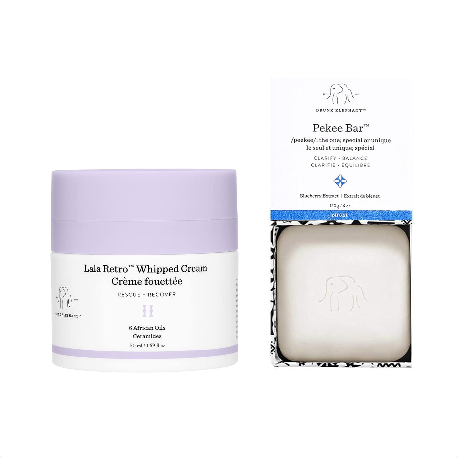 Drunk Elephant Full Sized Clean Break Facial Duo - Skin Restoring Facial Duo With Pekee Cleansing Bar (120G / 4Oz) And Lala Retro Whipped Cream Facial Moisturizer (50 Ml / 1.69 Fl Oz)