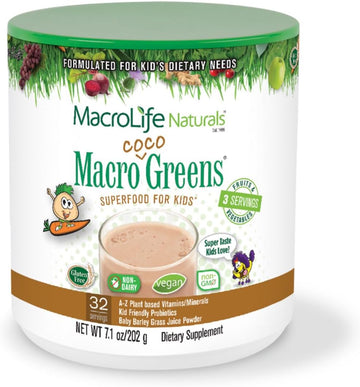 MacroLife Naturals MacroCoco Greens Chocolate Superfood Powder for Kids Raw Fruits Veggies Probiotics & Digestive Enzymes, Immunity Energy, Non-GMO, Vegan, Gluten, Dairy Free - 7oz (32 Servings)