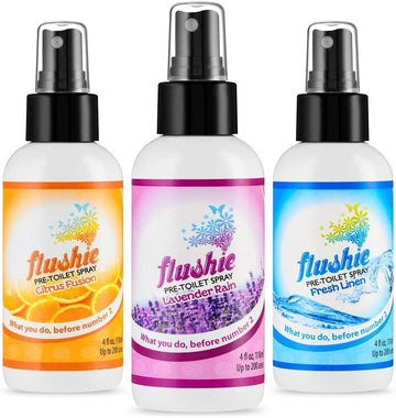 Flushie Pre-Toilet Spray for Poop Travel Size Toiletries Bathroom Spray for Poop Spray for Toilet Deodorizer Traveling Essentials Poop deodorizer Poop Odor eliminator 4oz (Assorted Mix, 3 Pack)