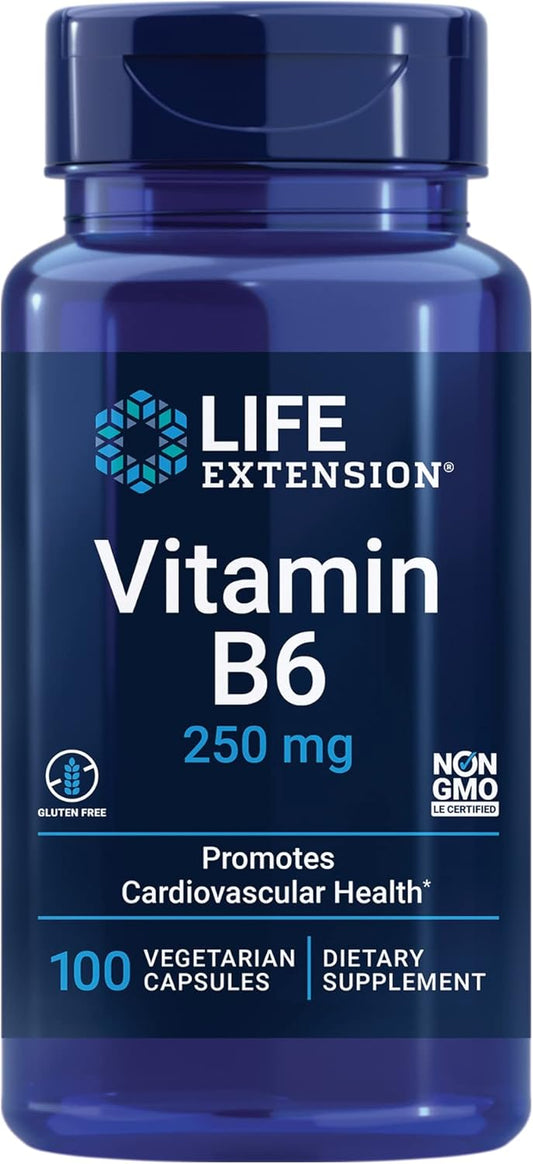 Life Extension Vitamin B6 250 Mg, 100 Vegetarian Capsules & Folate & Vitamin B12, Vegetarian Capsules, White, 90 Count