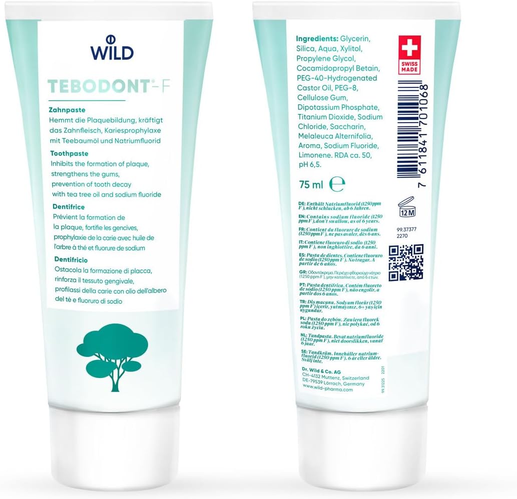 Tebodont-F Toothpaste with Fluoride, for Daily Oral and Dental Care, Prevention of Tooth Decay, Helps Relieve Irritated Gums and Oral mucosa and enhances Plaque Removal, Contains Tea Tree Oil : Amazon.co.uk: Health & Personal Care
