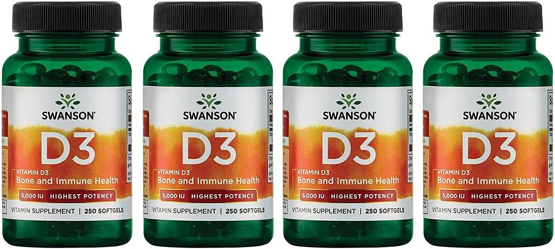 Swanson Vitamin D3 - Vitamin Supplement Promoting Bone Health & Immune System Support - Natural Support For Calcium Distribution & Absorption - (250 Softgels) 4 Pack