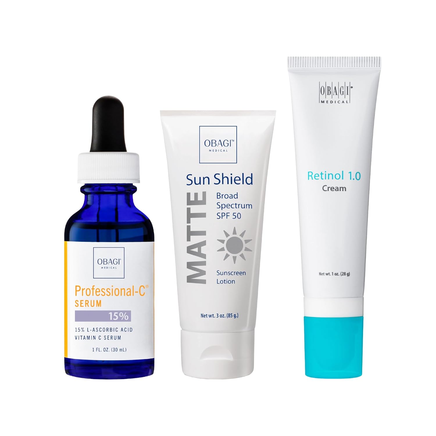 Skincare Essentials Set – Obagi Professional-C Serum 15% (1 Oz), Obagi Sun Shield Matte Broad Spectrum 3Pf 50 (3 Oz) Obagi 360 Retinol 1.0 Cream (1 Oz) – 3-Piece Set