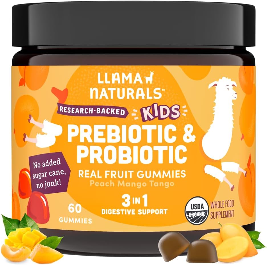 Llama Naturals Kids Probiotic With Prebiotic Fiber, Vegan, Organic Prebiotics And Probiotics Gummies For Gut Health Support, Toddler Real Fruit Gummy Vitamins, No Added Sugar Cane, Peach Mango, 60 Ct