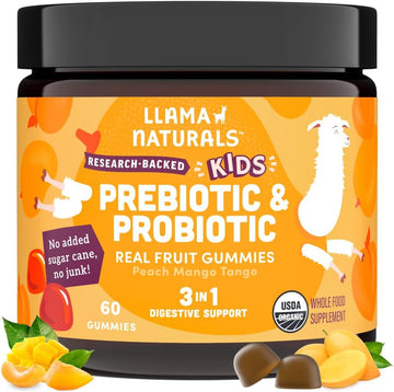 Llama Naturals Kids Probiotic With Prebiotic Fiber, Vegan, Organic Prebiotics And Probiotics Gummies For Gut Health Support, Toddler Real Fruit Gummy Vitamins, No Added Sugar Cane, Peach Mango, 60 Ct