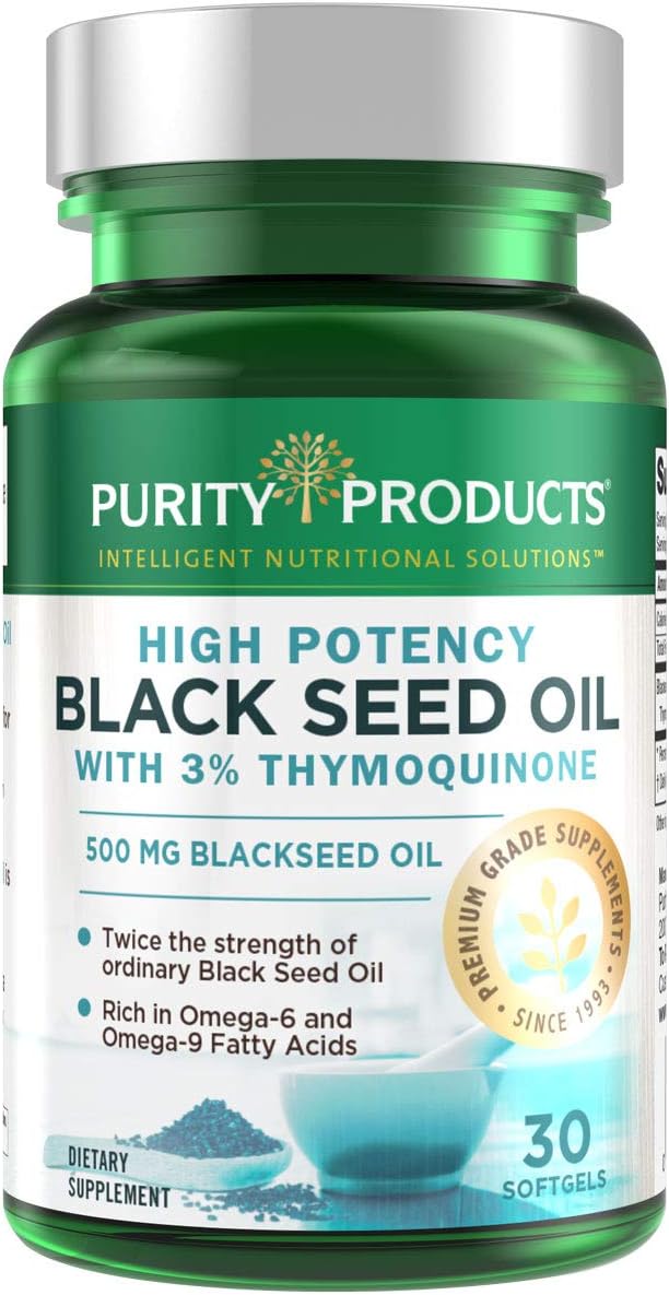 High Potency Black Seed Oil - Double Strength + Cold Pressed - 3% Thymoquinone - 500 mg Black Cumin Seed Oil - Omega 6 + 9 Essential Fatty Acids - Easy to Swallow, Just One Per Day - 30 Mini Softgels