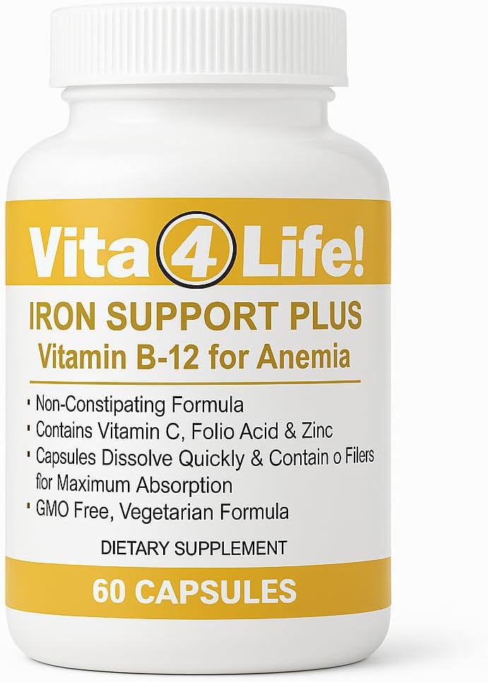 Vita4Life! Iron Support Plus - 40Mg Iron With Vitamin C, B-12, Folic Acid & Zinc - 60 Capsules - Non-Constipating Formula For Red Blood Cell Support & Energy - Vegetarian & Gmo-Free