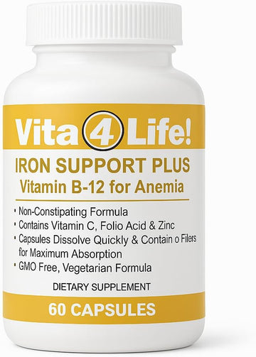 Vita4Life! Iron Support Plus - 40Mg Iron With Vitamin C, B-12, Folic Acid & Zinc - 60 Capsules - Non-Constipating Formula For Red Blood Cell Support & Energy - Vegetarian & Gmo-Free