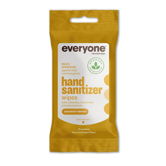 Everyone Hand Sanitizer Wipes, 15 Wipes (Pack Of 6), Coconut And Lemon, Plant Derived Alcohol With Pure Essential Oils