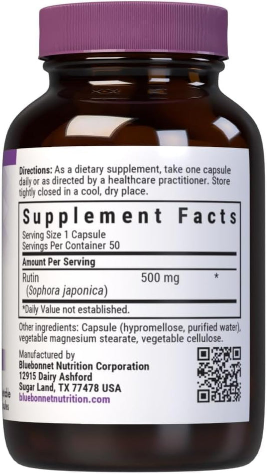 Bluebonnet Nutrition Rutin 500Mg (Sophora Japonica) Antioxidant Bioflavonoid For Vascular Support* Vegan, Gluten-Free, Soy-Free - Plant-Based Rutin Supplement - 50 Vegetable Capsules
