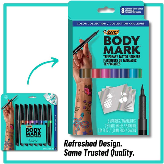 Bodymark Temporary Tattoo Markers For Skin, Color Collection, Flexible Brush Tip, Assorted Colors, Skin-Safe, Cosmetic Quality 8-Count Pack