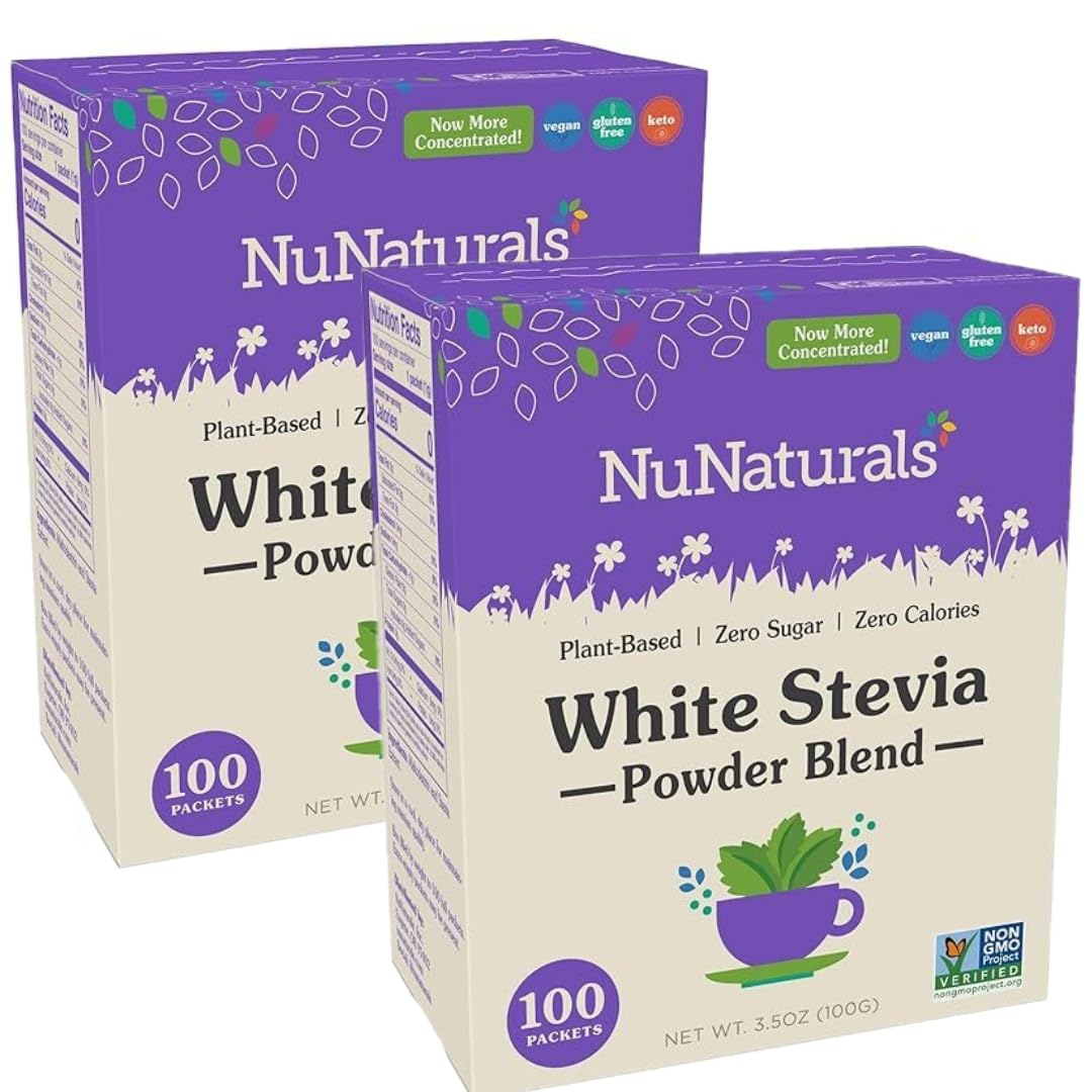 Nunaturals White Stevia Powder Packets, Single-Serve, Zero Calorie Sugar Substitute, 100 Count (Pack Of 2)