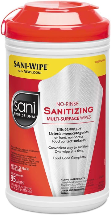 Sani Professional No-Rinse Sanitizing Multi-Surface Wipes, Unscented, White, 95/Container, 6/Carton